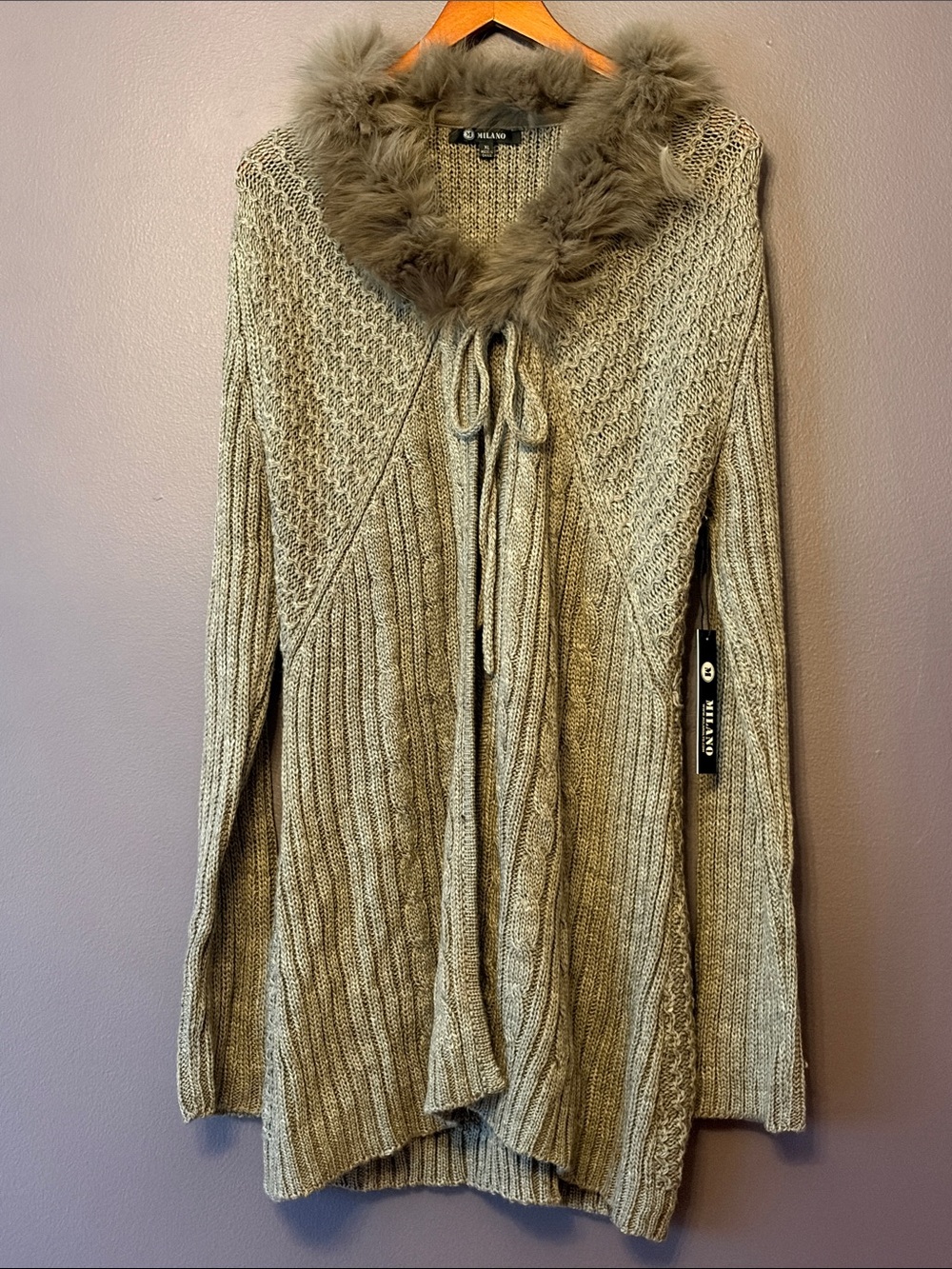 MILANO Faux Fur-Trim Taupe Cable Knit Women's Sweater Cardigan XL NWT